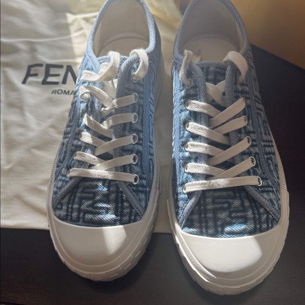 Fendi Denim Blue and White Logo Sneakers - Picture 3 of 5